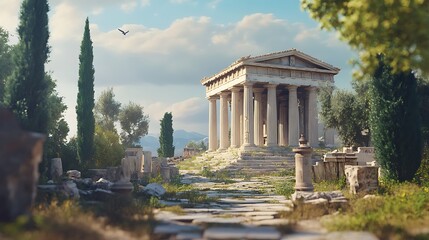 Ancient stone pillars surrounded by flowers and mountainous terrain image