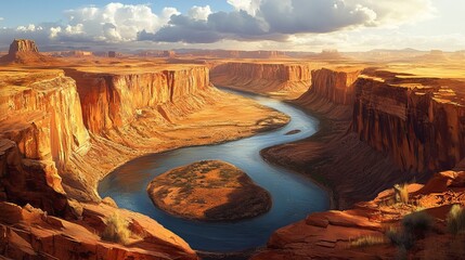 Winding River Through a Golden Canyon - A powerful, deep blue river snakes through a vast canyon with towering golden sandstone cliffs. The sun casts dramatic shadows across the rugged landscape.