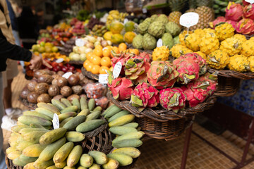 A fruit stall in a food market in Funchal Madeira - Mercado dos Lavradores