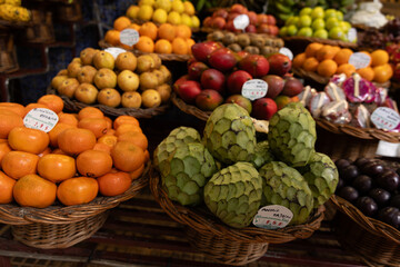 A fruit stall in a food market in Funchal Madeira - Mercado dos Lavradores