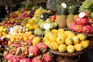 A fruit stall in a food market in Funchal Madeira - Mercado dos Lavradores