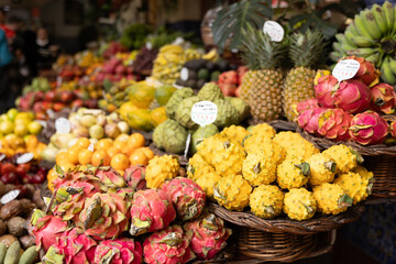 A fruit stall in a food market in Funchal Madeira - Mercado dos Lavradores