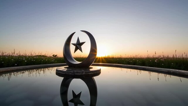 Symbolic crescent and star monument at sunset with reflection in water
