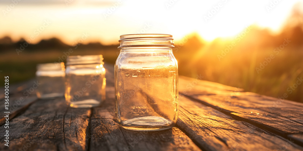 Poster empty glass jars on rustic wooden table at sunset, showcasing simplicity and potential, ideal for pr