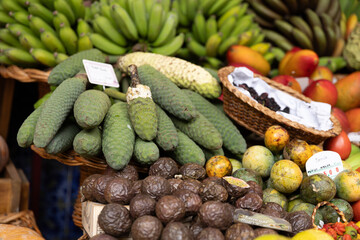 A fruit stall in a food market in Funchal Madeira - Mercado dos Lavradores
