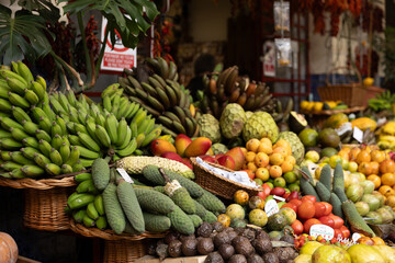 A fruit stall in a food market in Funchal Madeira - Mercado dos Lavradores