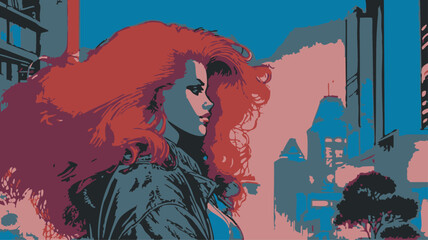 Young Female Redhead long hair neon city background vector art, female vector, redhead woman, redhead 