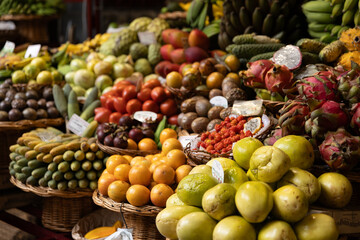 A fruit stall in a food market in Funchal Madeira - Mercado dos Lavradores