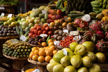 A fruit stall in a food market in Funchal Madeira - Mercado dos Lavradores