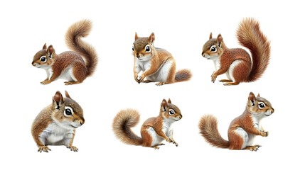 Naklejka premium Pack Sniffy Squirrel set in Different Poses Against Transparent Background for Forest Illustrations, Wildlife Art, or Cute Animal Designs
