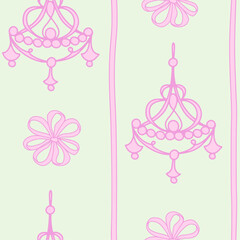 Hand-drawn whimsical Coquette Seamless Pattern. Pink Antique Chandelier and Bows on green pastel background. Vintage coquette wallpaper, line art style, vector illustration.