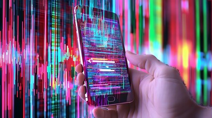 Hacker s hand holding a smartphone displaying an SMS scam notification with fake links while a distant blurred victim unknowingly clicks the malicious link