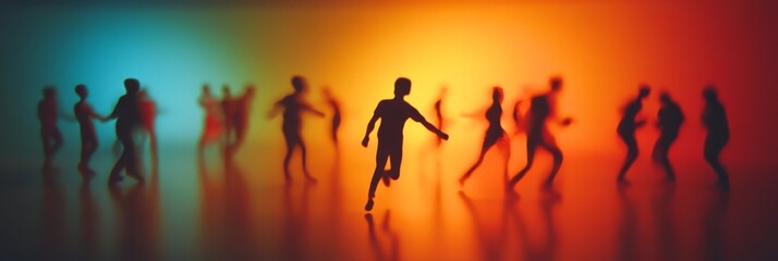 Blurred silhouettes of people running in vibrant light.