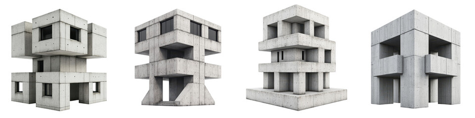 A series of minimalist geometric concrete buildings with a modular grid like facade and angular volumetric forms creating a striking modern architectural composition