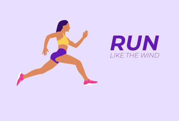 Vector template running woman design. Run like the wind slogan banner with running woman