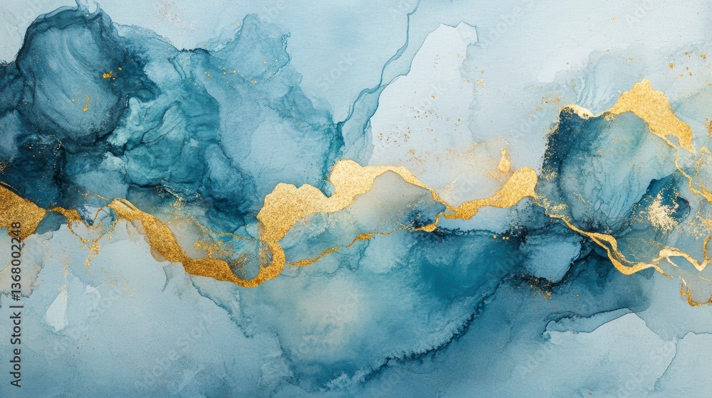 Poster abstract blue and gold ink painting with flowing, swirling patterns and textures.