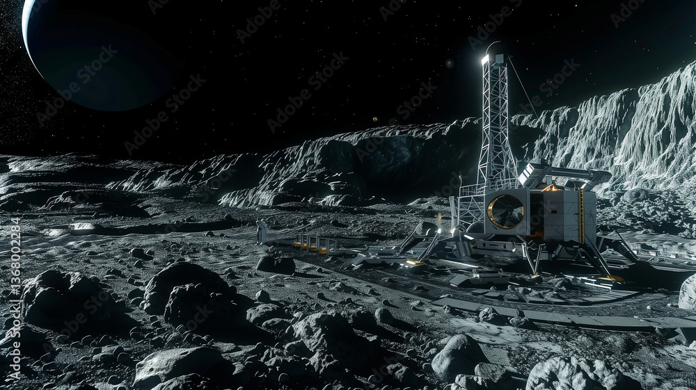 Poster this high-tech excavation equipment operates on an asteroid, extracting valuable regolith for resour