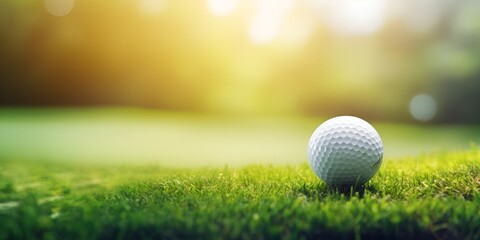 Golf ball and golf club on the tee box with a green grass background, banner design for the sport of golf. - bokeh background