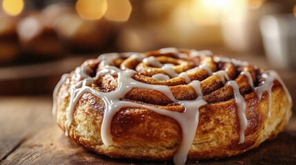 Delicious cinnamon roll glazed with icing on a wooden board. Soft focus bokeh background.