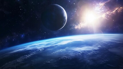A blue planet with a large moon in the sky. The moon is in the middle of the sky and the planet is surrounded by stars