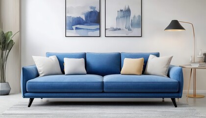 Stylish Blue Velvet Sofa in Modern Living Room Interior Design with Abstract Art and Floor Lamp