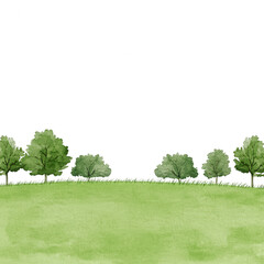 Fototapeta premium A serene landscape featuring a watercolor illustration of lush green trees against a soft grassy field, creating a tranquil and peaceful environment.
