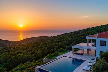 Obraz premium Sophisticated modern villa perched on a hilltop, with a swimming pool offering stunning views of the coastline and the golden sunset.