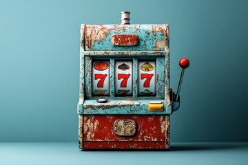 Old worn slot machine showing triple seven jackpot on turquoise background