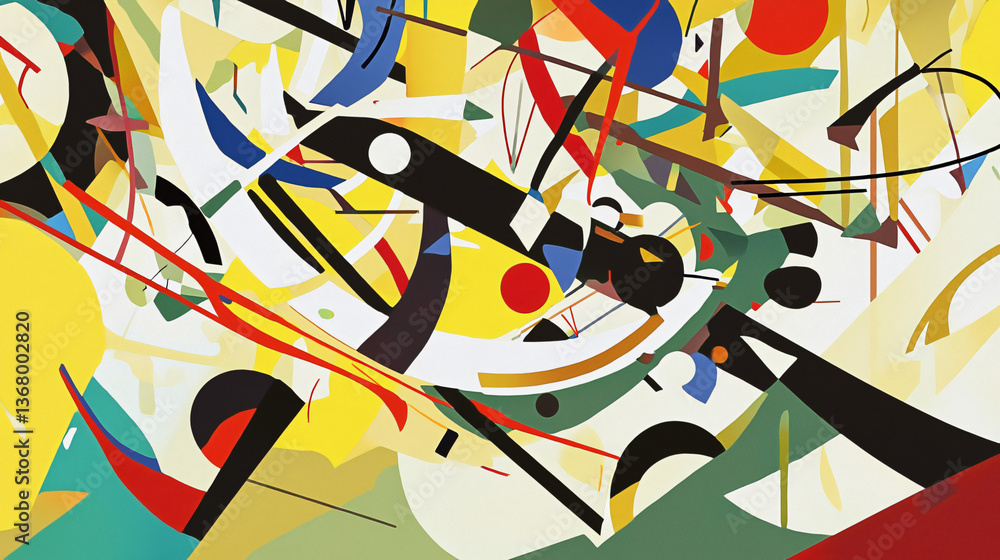 Poster A chaotic abstract painting featuring a group of people expressing emotions through sweeping lines and angular forms in bold colors.