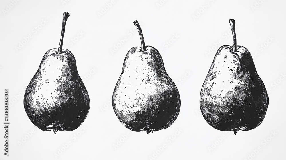 Poster three pears in a row with detailed etching in black and white on a plain background illustration