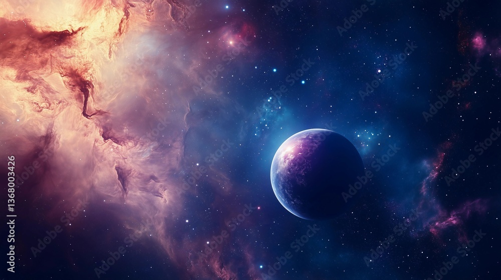 Wall mural a colorful space scene with a large planet in the center. the planet is surrounded by a cloud of gas