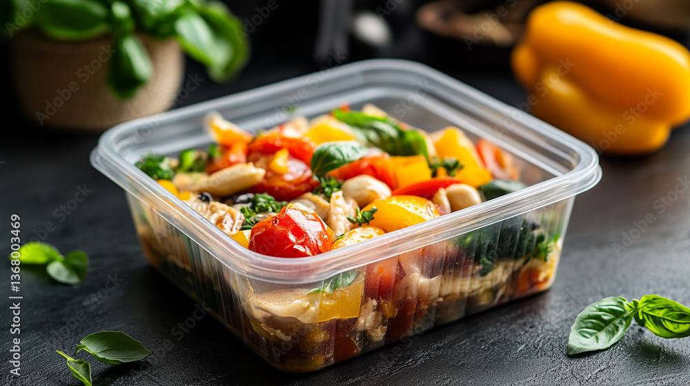 Poster prepared salad in a plastic container with basil and peppers on a dark textured surface view close