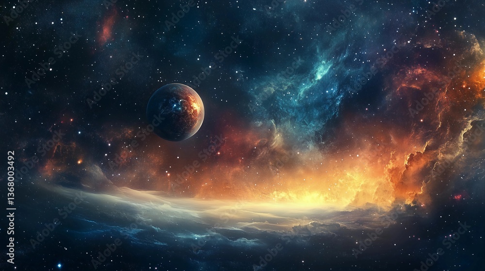 Wall mural a colorful space scene with a large planet in the center. the planet is surrounded by a cloud of gas