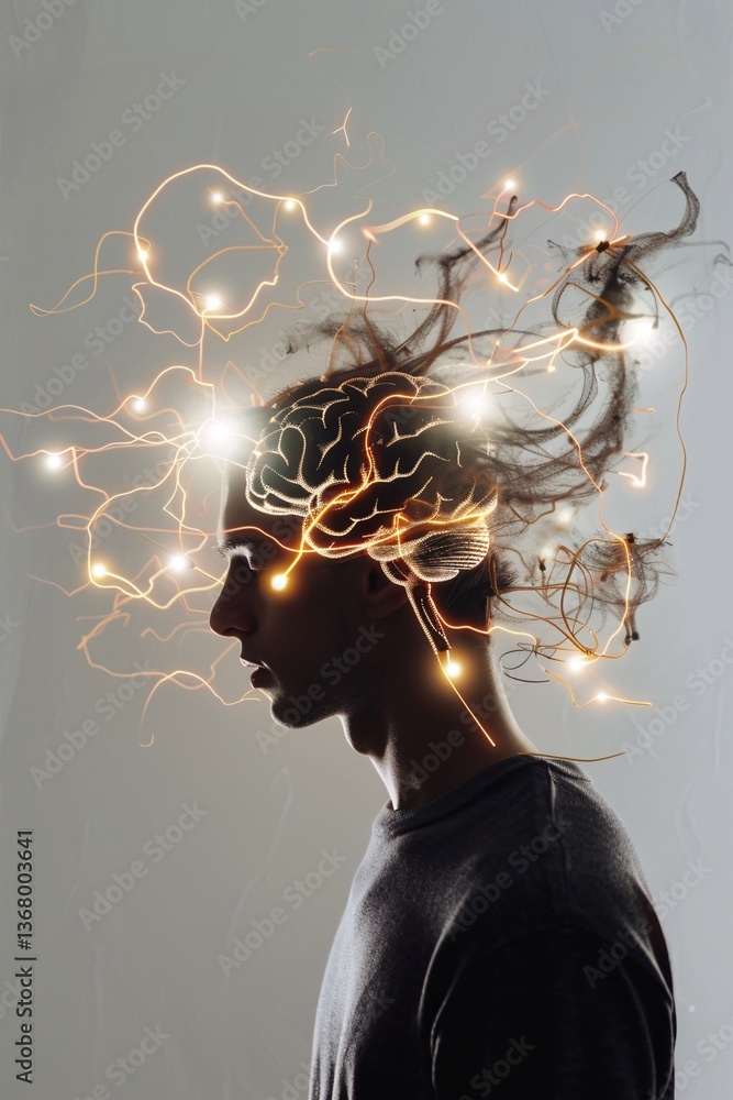Poster young man basks in the glow of his own thoughts as a brain illustration shines overhead