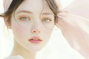 Girl as a fashion designer, showcasing fabric samples, gentle peach backdrop, harmonious composition.