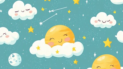 Cute celestial pattern sleeping sun, moon, clouds, stars