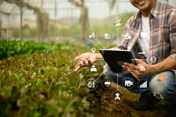 Farmer analyzing crop data on digital tablet in the greenhouse. IoT in farming and smart...