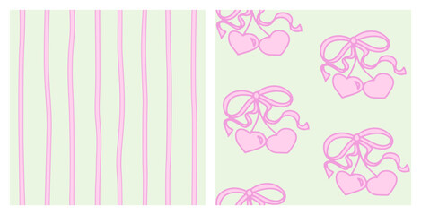 Coquette cherry with bows seamless pattern set. Hart-shaped berries with ribbons on pastel pink and green background. Romantic trendy hand-drawn vector illustration.
