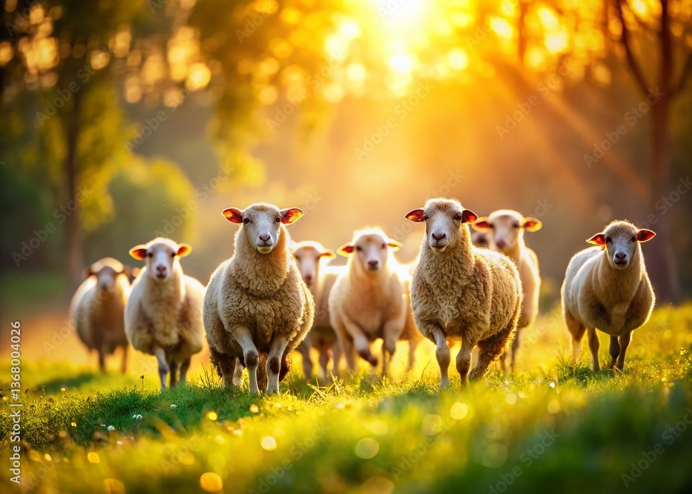 Poster running sheep in meadow - bokeh blurred background stock photo
