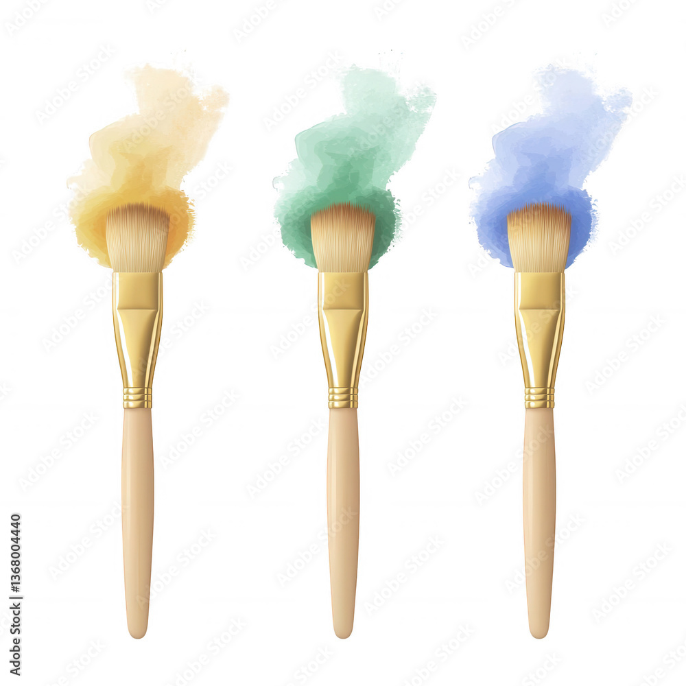 Poster a set of artistic brushes in different colors creating soft watercolor effects, perfect for digital 