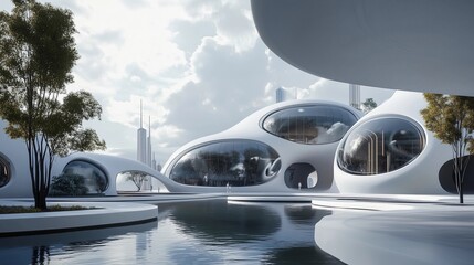 A futuristic cityscape with a large body of water in the center. The buildings are all white and have large windows, giving the impression of a modern, high-tech environment. Scene is one of awe