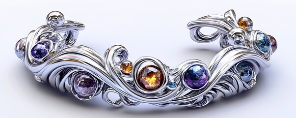 An intricate wrist cuff made of swirling silver tendrils holding floating gemstone spheres
