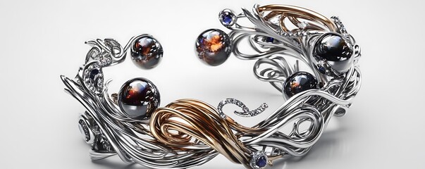 An intricate wrist cuff made of swirling silver tendrils holding floating gemstone spheres