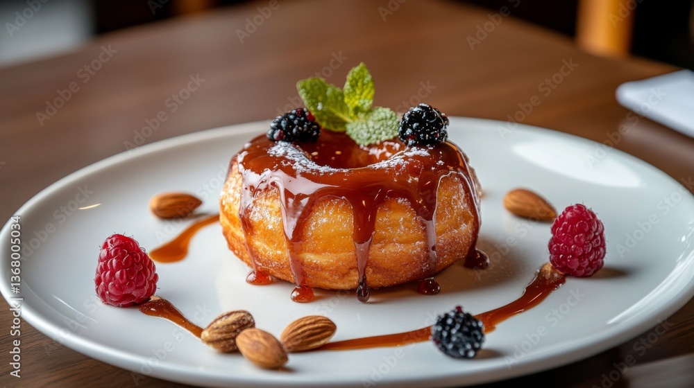 Poster an artistic shot of a donut with a drizzle of caramel or icing, placed on a white plate with a few n