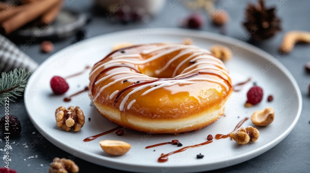 Poster an artistic shot of a donut with a drizzle of caramel or icing, placed on a white plate with a few n