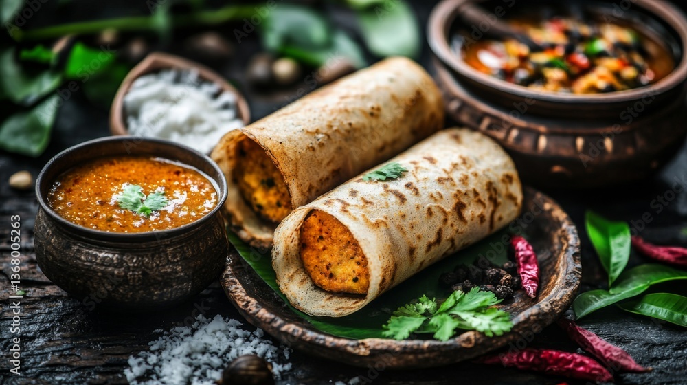 Poster an artistic shot of a dosa rolled up and stuffed with a spiced potato filling, served alongside coco