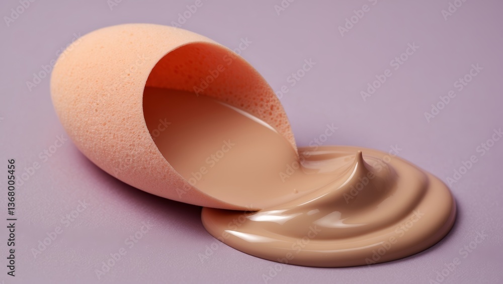 Poster makeup sponge spills foundation on pastel background creating a smooth texture and soft visual appea