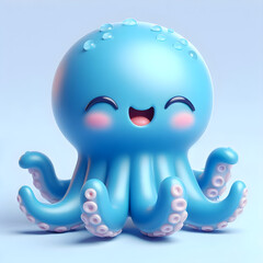 Cute blue baby octopus smiling and sitting on light blue background