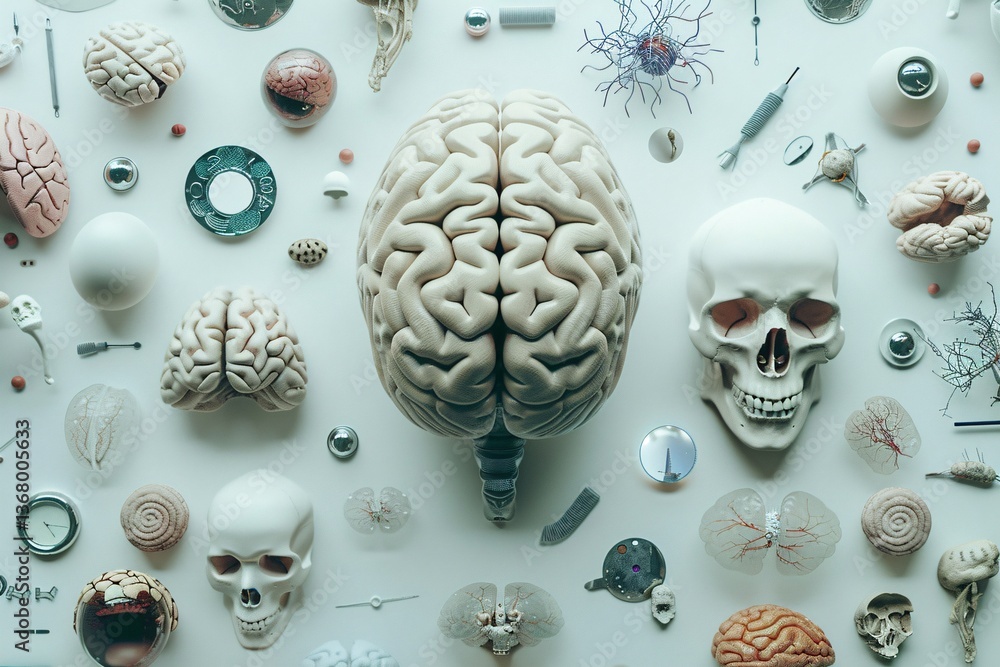 Aufkleber model of the human brain displayed on a table with medical items, illustrating concepts in psycholog