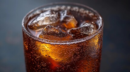 A glass of soda with ice cubes in it. The soda is fizzy and cold. The glass is half full